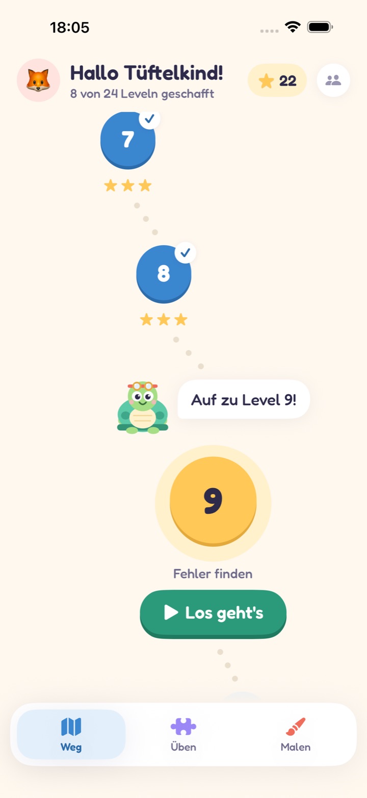 Der Lernpfad in Tonis Garten: erledigte Level mit Sternen, Toni sagt, wie es weitergeht.